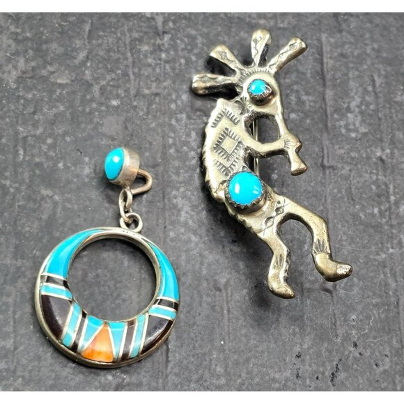 Vintage Sterling Silver Kokopelli Brooch & Inlaid Turquoise Pendant JJ4153 - Picture 7 of 11